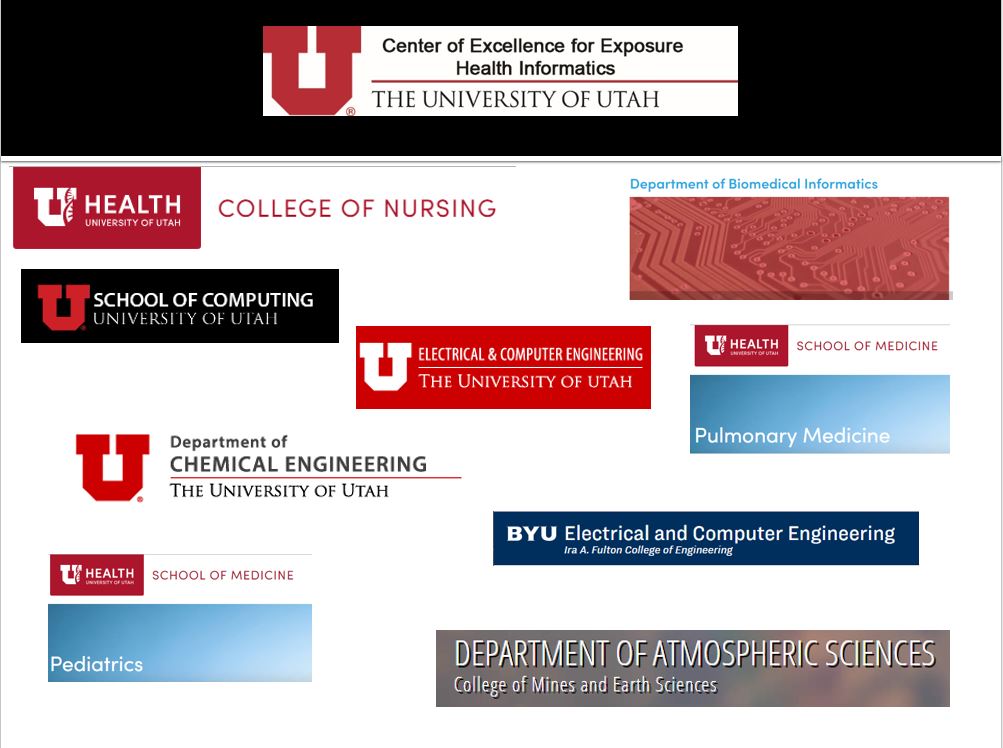 Logos for CON, DBMI, school of computing, ECE, Pulmonary medicine, Peditatrics, atmospheric sciences, chemical engineering; BYU ECE